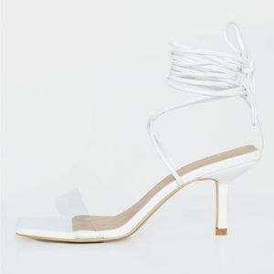 White Low Heel w/ Clear Strap Ankle Tie Sandal